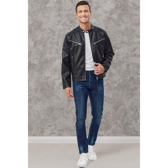 Men Black Faux Leather Biker Jacket Slim Fit Motorcycle Bomber Zip Up Coat - Picture 7 of 7